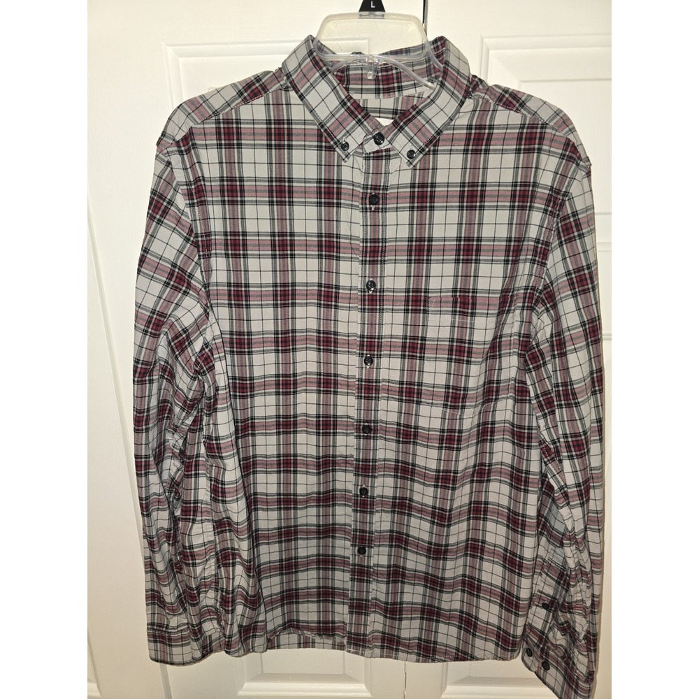 Goodfellow Button Up Collared Shirt ~ Large~ Gray & Burgundy Plaid ~Long Sleeve